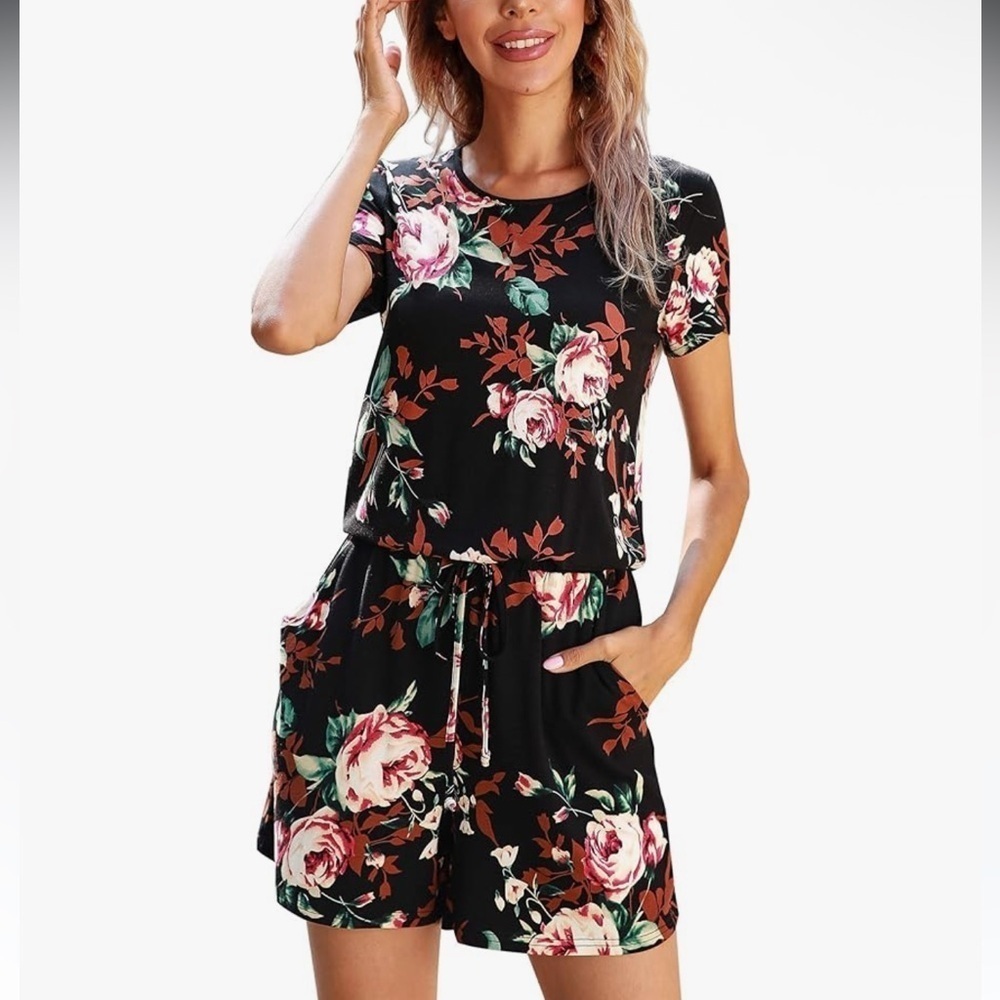 LAINAB Women's Casual Summer Short Sleeve Jumpsuits Rompers with Pockets/size L